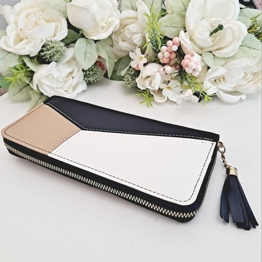 Faux Leather Colorblock Wallet black white tan long zipper Card Holder
